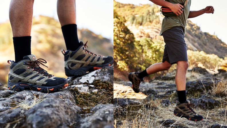 有人穿着Merrell的登山靴站着，有人穿着登山靴走着