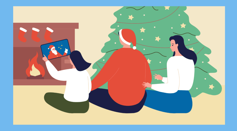 An illustration of a family looking at Santa on a digital device
