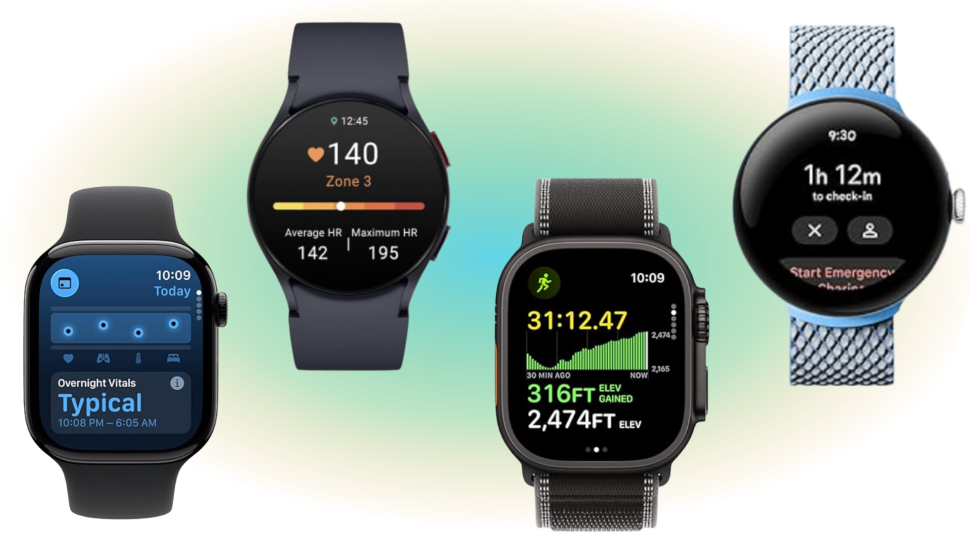 Four smart watches on a green glowing background