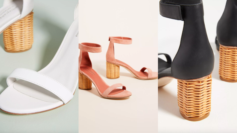 white, pink, and black heeled sandals