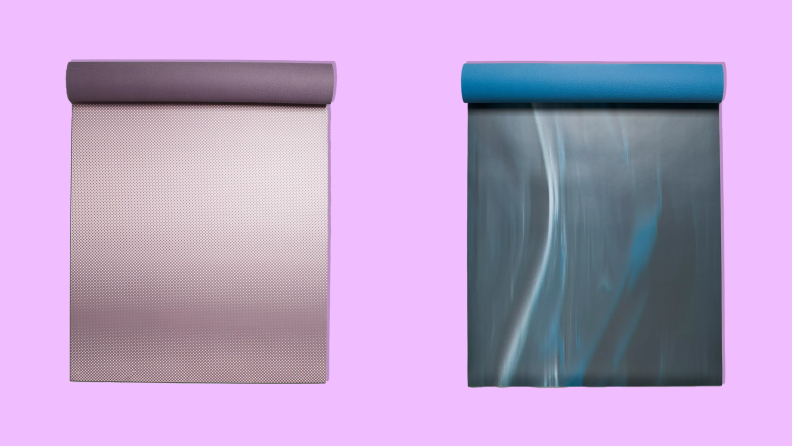 Two colors of lululemon The Mat on fuchsia background.