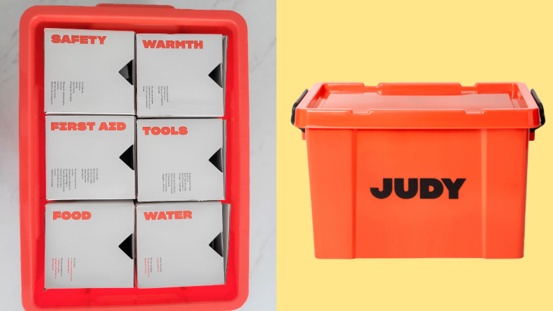 On left, six boxes of emergency supplies inside of emergency kit. On right, Judy Survival Safe in front of yellow background.