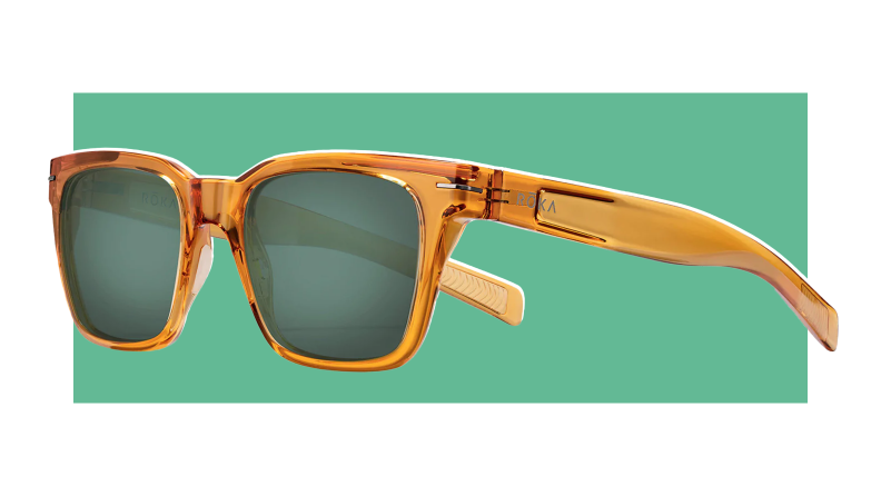 Product shot of the tortoise shell wayfarer sunglasses from Roka.