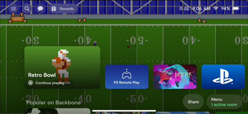 A screenshot of Backbone's app, showing most-recently-played games, including Retro Bowl (a pixel art football game) and Playstation 4 Remote Play.