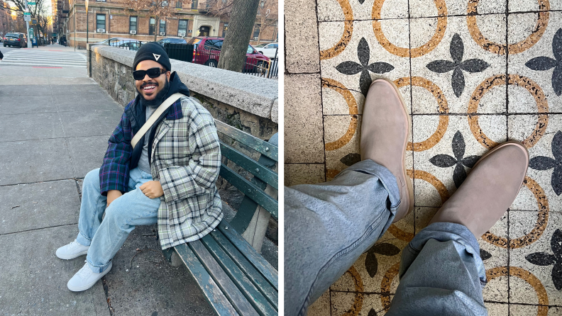 Collage image of someone wearing beige Chelsea boots and jeans on a patterned tile floor, and a photograph of the author wearing white sneakers and a fall ensemble on a park bench.