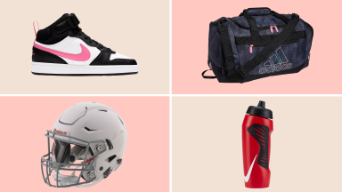 Sneaker, duffle bag, football helment, water bottle