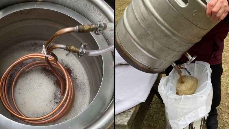 A composite of two images. The left half shows the wort chiller in the kettle. It looks almost like a slinky made out of copper tubing. Its two ends are sticking up and attached to an inlet and outlet hose respectively. The right half of the image shows my dad pouring the kettle out into our fermentation jug. He has a few layers of cheese cloth stretched out over the top to help filter out some of those hops.