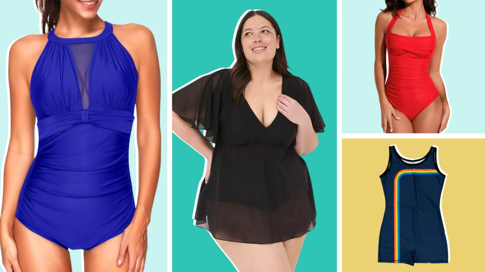Three one-piece bathing suits: A blue one with a sheer neck panel, one that is a dress style, and one that has a classic silhouette.