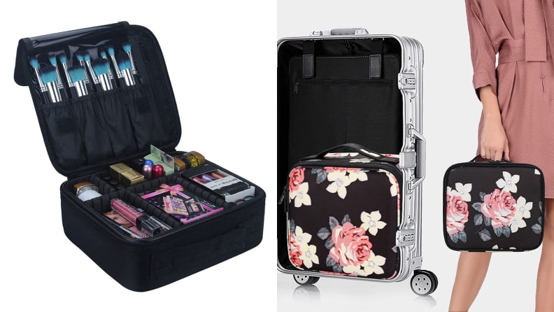 On the left: The square, black Relavel cosmetic bag sitting with the lid propped open to show cosmetics inside the compartments. On the right: A person holding the Relavel cosmetic bag. A open suitcase stands next to them and has a cosmetic bag inside of it.