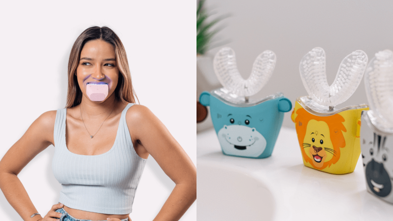 On left, person with one-handed toothbrush device in mouth. On right, children's animal-themed one-handed toothbrush device.