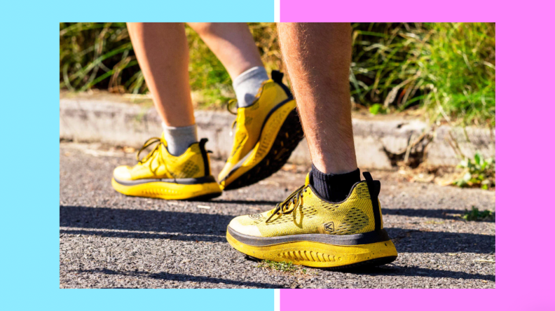 Two people walking in yellow Keen WK400s