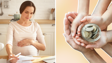 On left, mother holding baby bump while reviewing document. On left, family holding coin jar in hands.