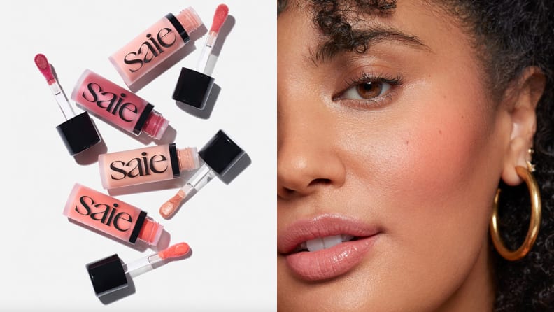 On the left: The four Saie Dew Blush colors with the applicators out of the tubes. On the right: A closeup of the left side of someone's face wearing a pink blush.