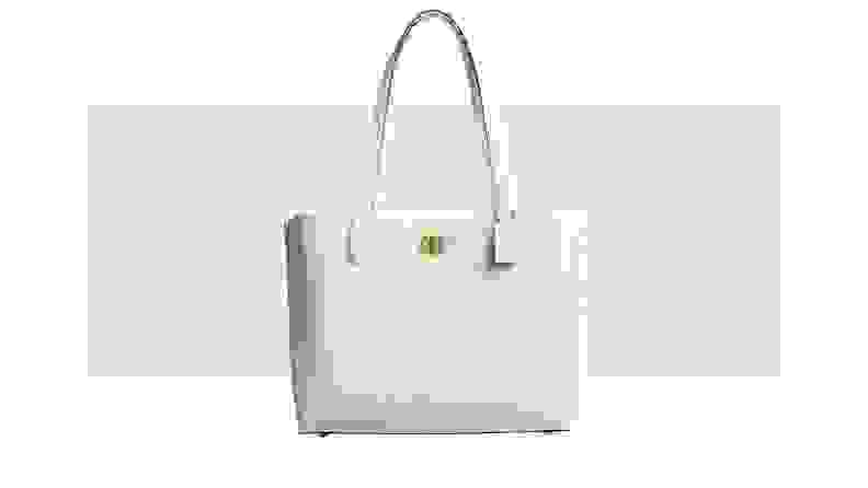 A white leather tote bag