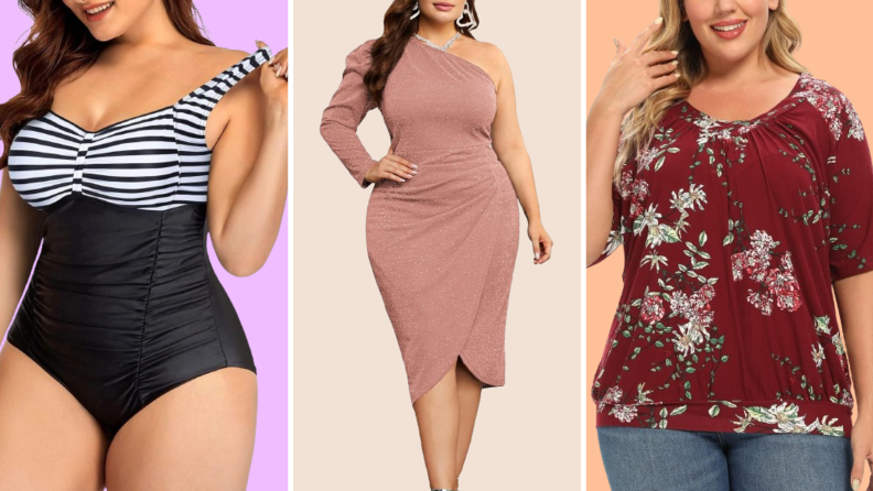 Collage of three plus size options: A black and striped bathing suit, a rose-colored one-shoulder midi dress, and a beige parka with faux fur hood.