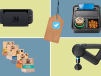 A Nintendo Switch, Dr Squatch soap, a couch console and the Theragun