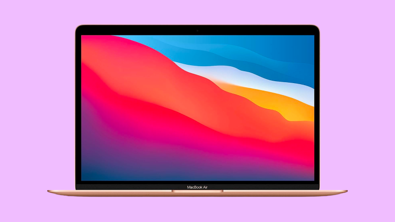 A 2020 MacBook displaying a wide array of colors on a violet background.