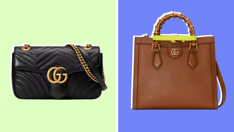 On left, black leather handbag. On right, tan leather tote bag.