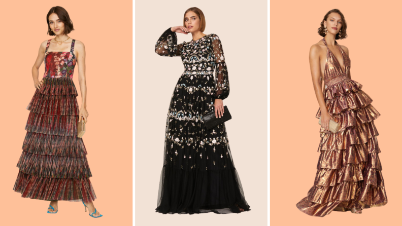 Collage image of three printed gowns.