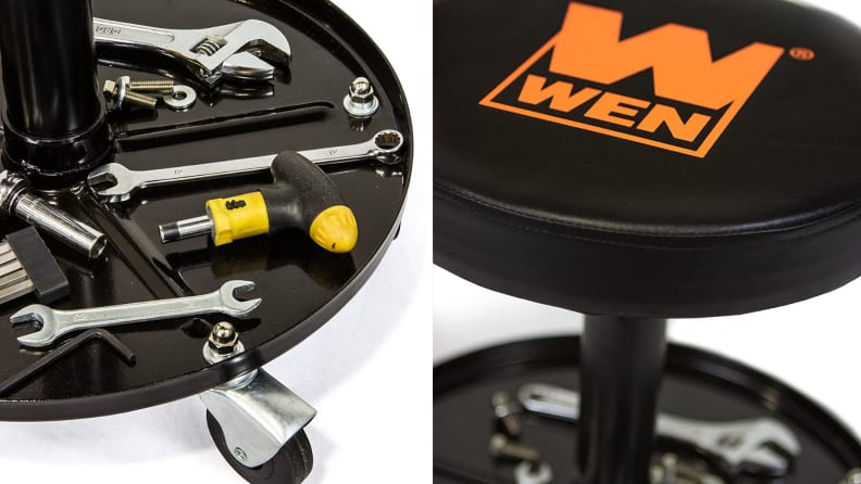 A Wen pneumatic rolling mechanic stool seat features a shelf housing tools.
