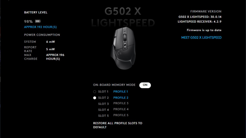 Screenshot of Logitech Lightspeed software that displays battery life and memory mode.