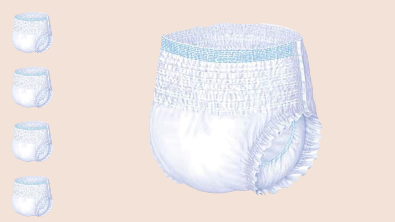 An illustrated disposable diaper sits on a peach background