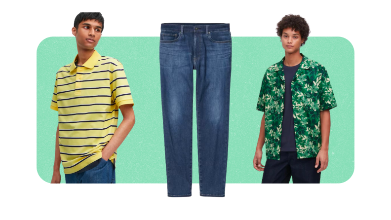 A striped polo shirt, a botanical print shirt, and a pair of jeans.