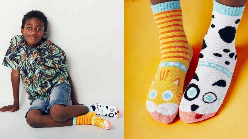 A child wears a pair of Pals Mismatched Silly Socks.