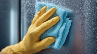 A person wearing gloves wipes a stainless-steel fridge with a microfiber towel.