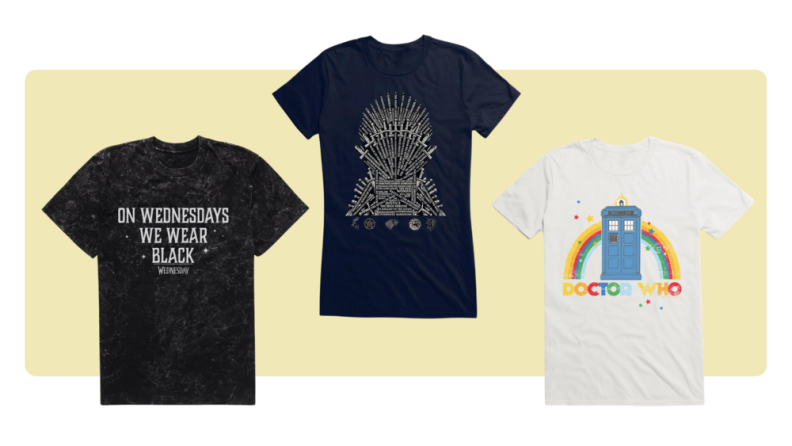 Three T-shirts; One from Netflix’s Wednesday, one with a design from Doctor Who, and one featuring the Iron Throne from Game of Thrones.