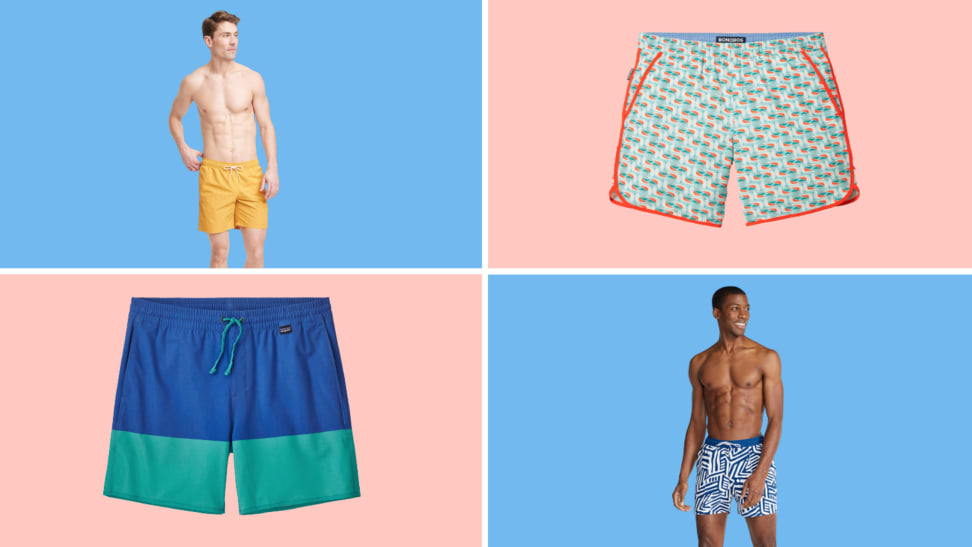A collage with four images of men's swimwear: one is yellow, one is multicolored print, one in a blue and green colorblock, and one in a blue and white print.