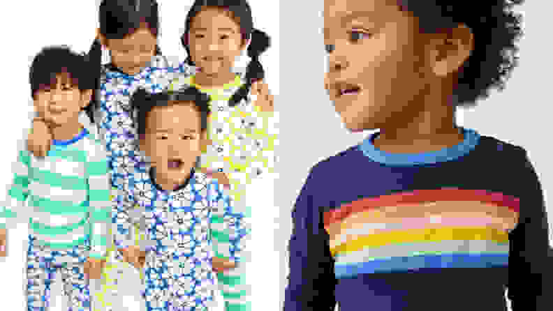 Left: Asian children siblings in similarly styled pajamas with blue, yellow, and green florals and stripes; a Black baby looking to the right wearing a long sleeved dark blue shirt with a rainbow wrapping around the chest