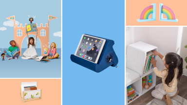 Gifts for kids who love to read, including a library kit, a bean bag, a Yoto Player, and a Smoko book light