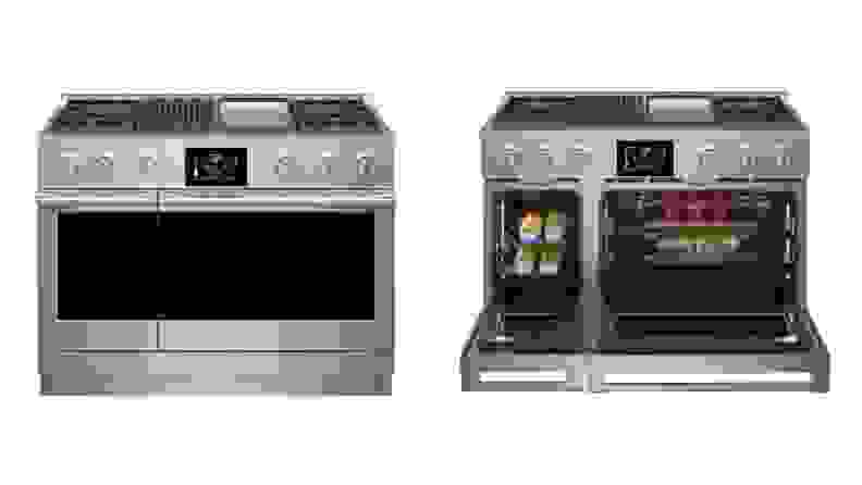 Left: An incredibly sleek stainless steel professional-style range, equipped with solid brass fixtures, is pictured closed. Right: That same pro-style range is pictured open, revealing the oven inside.