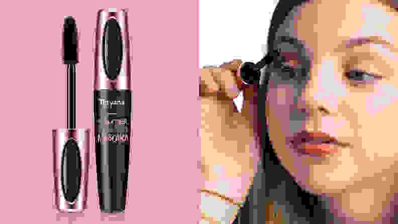 On the left: The Tetyana 4D Silk Fiber Waterproof Mascara on a pink background. On the right: A woman applying the Tetyana 4D Silk Fiber Waterproof Mascara to her right eye.