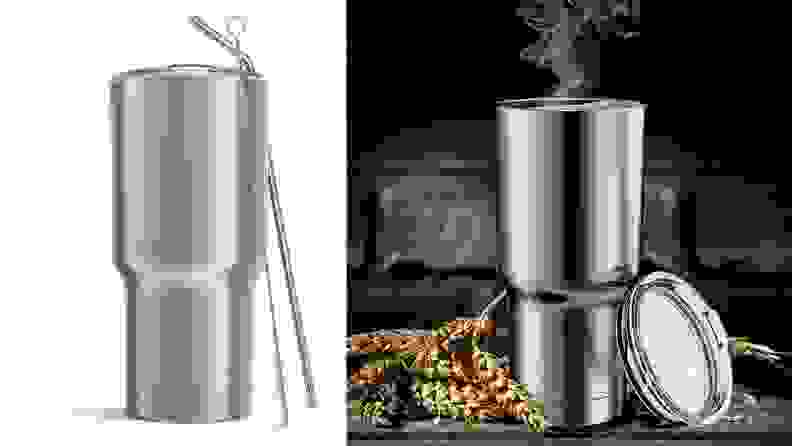 A silver travel mug on a white background, next to a silver mug in a fall setting with steam coming out