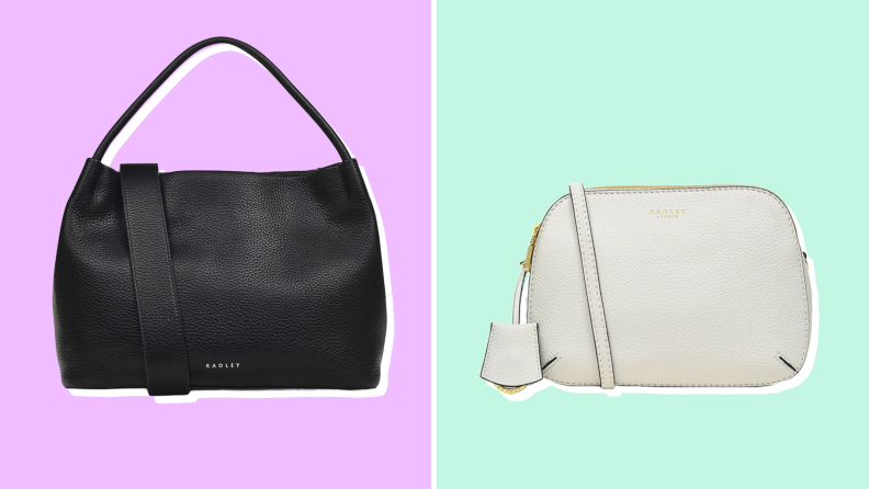 Two Radley London purses against purple and green backgrounds