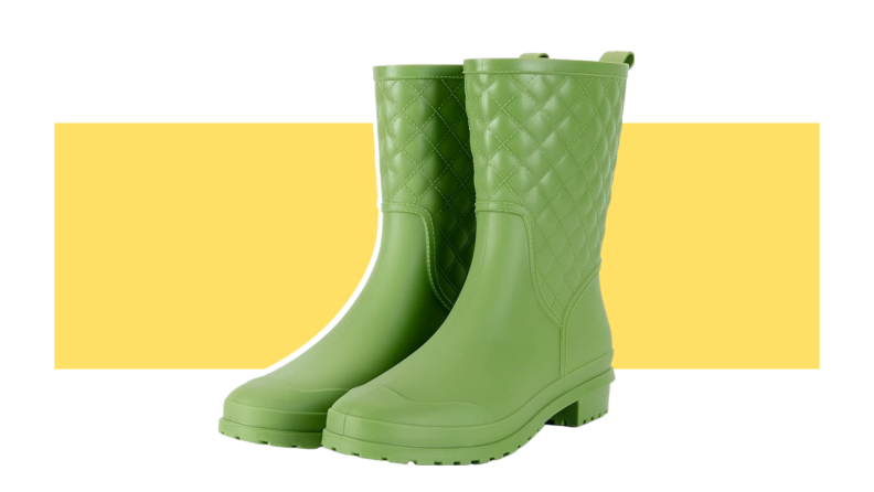 A pair of green rain boots that have a quilted design on the shaft.