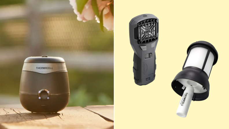 On left, Thermacell E90 Rechargable Mosquito Repeller. On right, product shot of the MR450 armored portable mosquito repeller next to the patio shield mosquito repeller lantern.