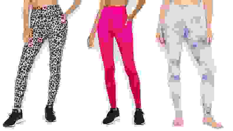Victoria's Secret On Point Leggings in three colors: leopard, hot pink, and blue-and-pink swirl