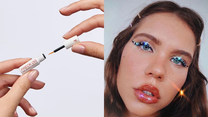 On the left: On a grey background, two hands hold either end of an open Freck Beauty OG Freckle Pen. On the right: A young person stares at the camera. They're wearing shiny lip gloss and thick, black eyeliner on their eyes with rhinestones positioned over the liner.