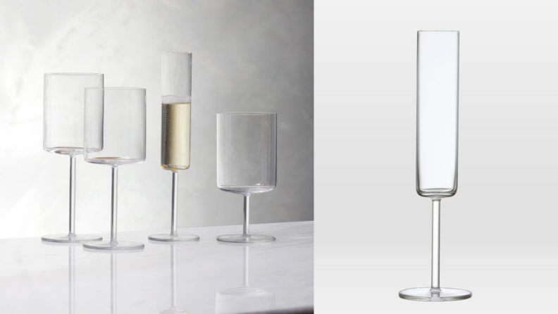 On the left, a set of squared wine glasses which includes a champagne flute. On the right, a singular shot of just the champagne flute.