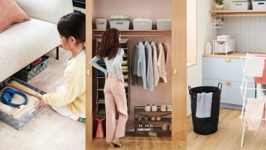 On left, young child using storage container to store items under chair. Person, looking at well-organized closet. On left, modern laundry room.