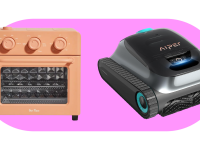 Peach toaster oven and gray pool robot vac on a pink pillbox color block