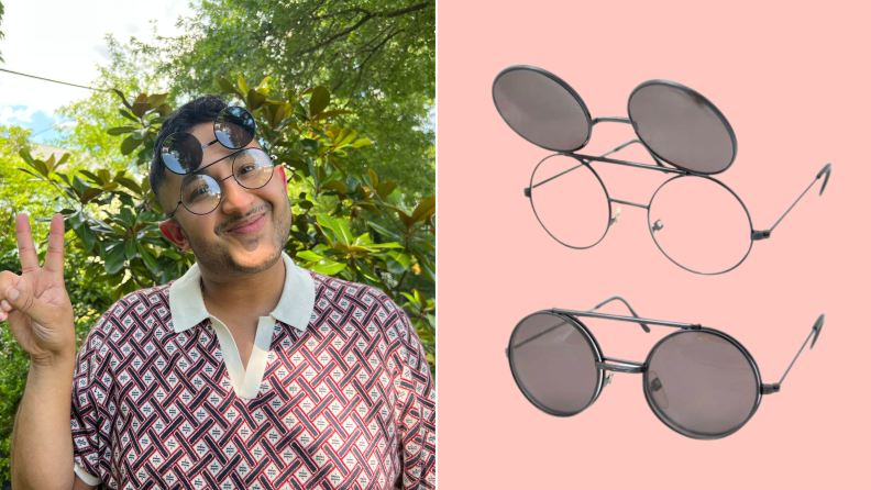 The author wearing the Flip-Pop sunglasses, and a product shot of the same style.