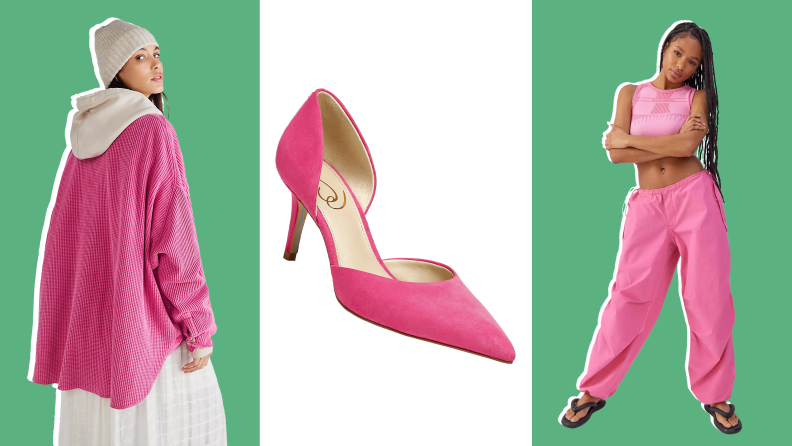 Collage of a jacket, pump shoe, bra and sweatpants in Hot Pink.