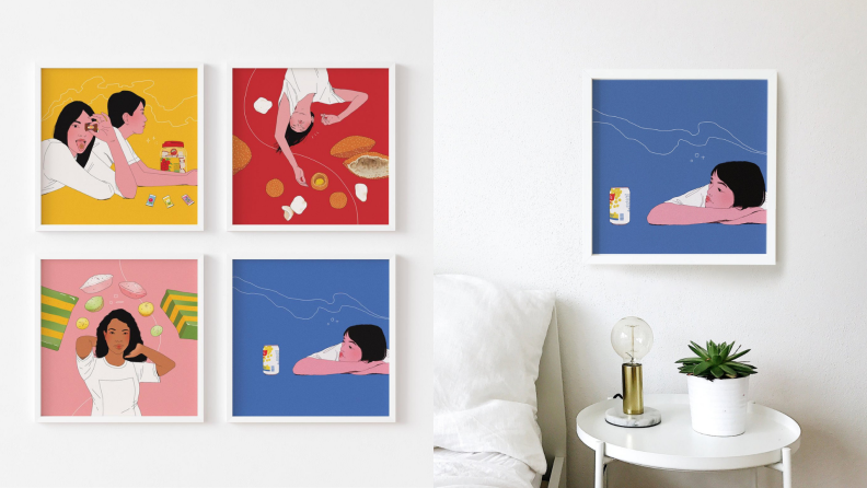 Left: four art prints of Asian nostalgia snacks, Right: Art print hanging above a side table