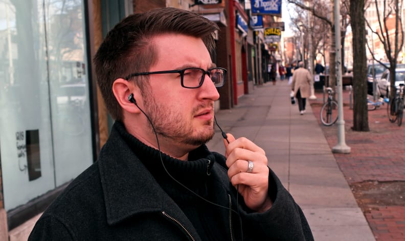 The microphone is separate from the in-line controller in order to cut down on interference.