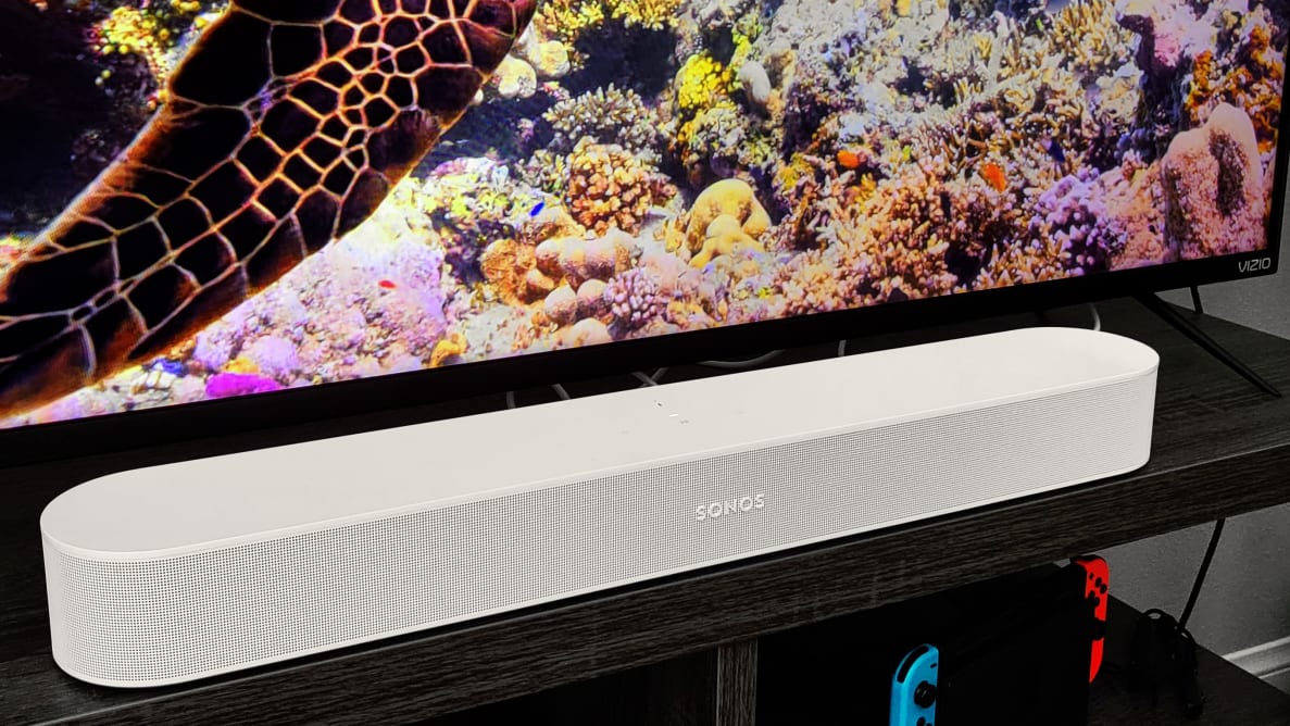 The Sonos Beam Gen 2, sitting in front of a TV