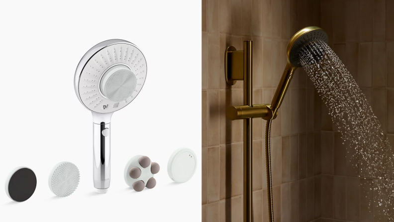 Left: A product shot of the handshower and four attachemnts. Right: The handshower spraying water inside a shower.